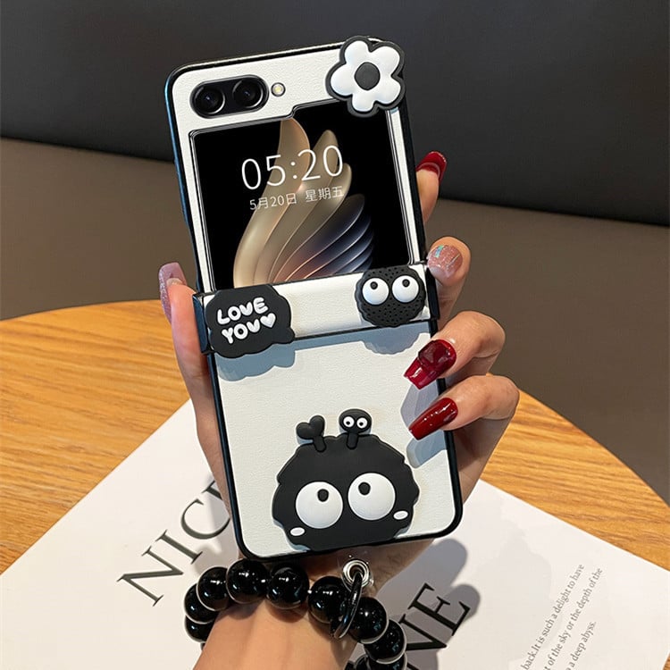 Cute Briquette Phone Case, Hinged Leather Grain Phone Case with Black Beaded Bracelet for Galaxy Z Flip 3/Galaxy Z Flip 4/Galaxy Z Flip 5/Galaxy Z Flip 6