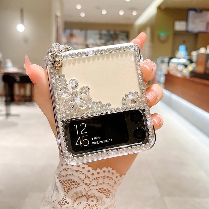 Glitter Rhinestone Flower and Luxury Pearl Flower Phone Case for Galaxy Z Flip 3/Galaxy Z Flip 4/Galaxy Z Flip 5/Galaxy Z Flip 6 with Bracelet
