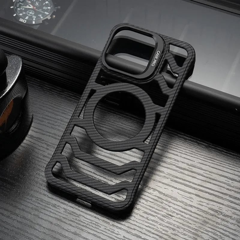 Frameless Carbon Fiber Texture Heat Dissipation Phone Case With Lens Stand | MagSafe Compatible | For iPhone 16/15/14/13/12 Series