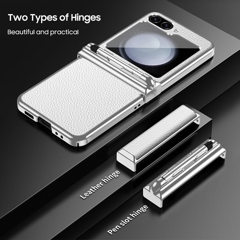 Galaxy Z Flip 3/Galaxy Z Flip 4/Galaxy Z Flip 5/Galaxy Z Flip 6 | Electroplated Leather Pen Tray Hinged Phone Case(Bring Pen)
