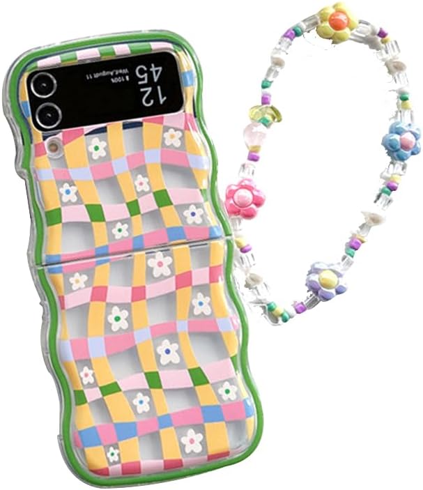 Cute Flower Case For Galaxy Z Flip 3/Galaxy Z Flip 4/Galaxy Z Flip 5/Galaxy Z Flip 6 – Checker and Daisy Print with Lovely Floral Beads Strap & Curly Wave Frame