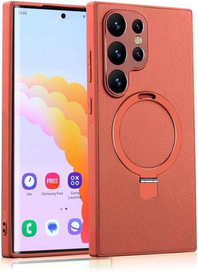 Leather Phone Case with Magnetic Metal Holder for Galaxy S24 S23 S22 Series, Support Wireless Charging