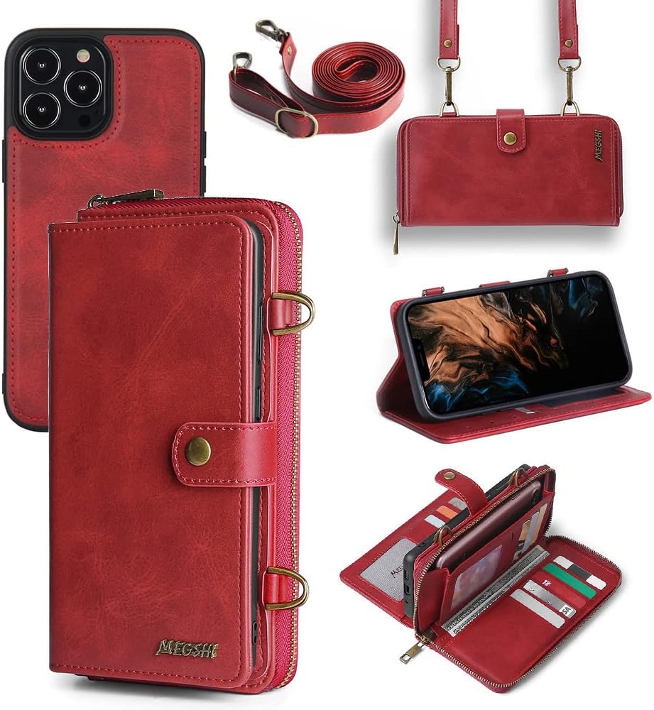 TwoHead for iPhone Wallet Case, Multi-Function Detachable 3 in 1 Magnetic Phone Case Wallet, Flip Strap Zipper Card Holder Phone Case with Shoulder Straps for iPhone