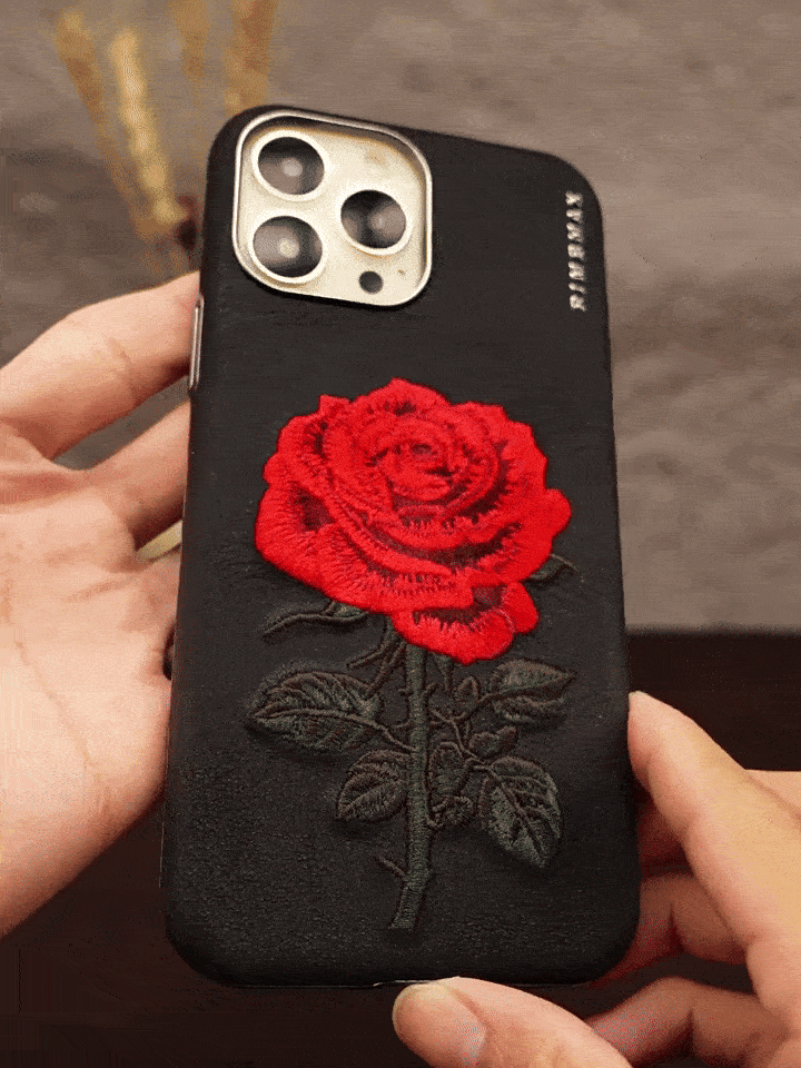 For iPhone Embroidery Phone Case Electroplated Rose Embroidery Leather Case