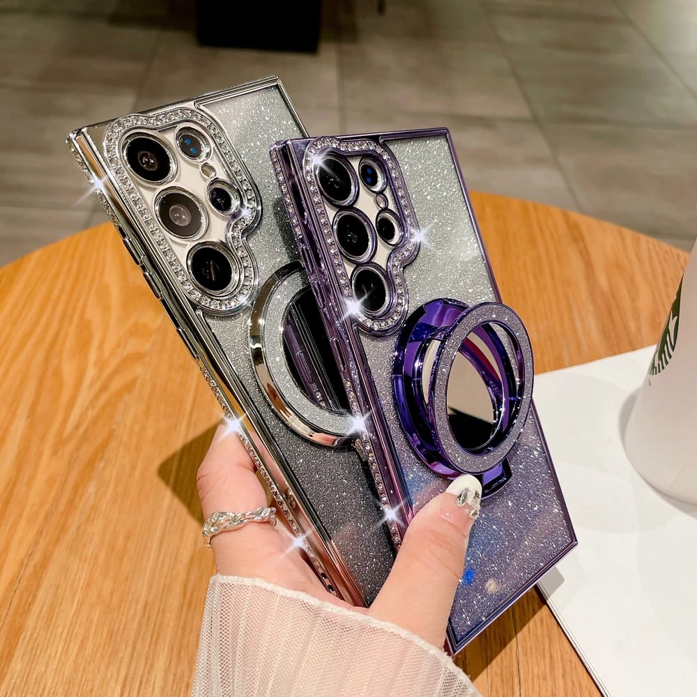 Luxury Glitter Mirror Magnetic Ring Holder Case For Samsung Galaxy S25 S24 S23 S22 Plus Ultra