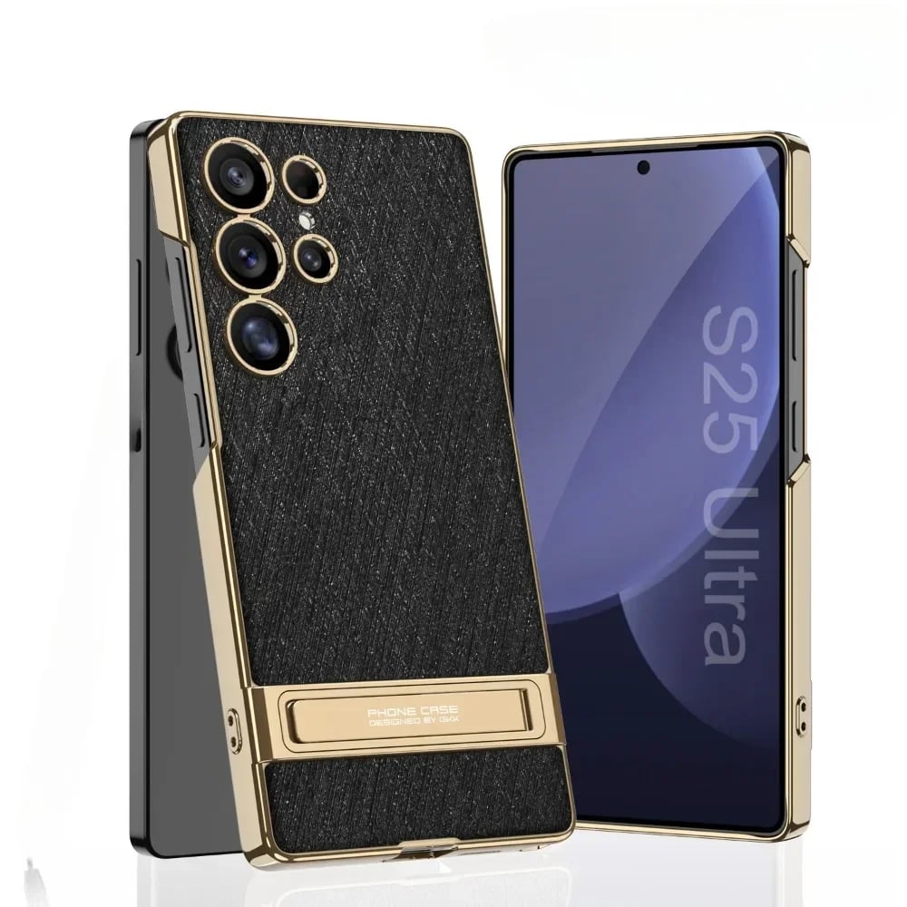 Electroplated Stand For Samsung Galaxy S25 S24 S23 Ultra Gold Wire Silver Brocade Leather Anti-Fall Protective Case(Only Case)