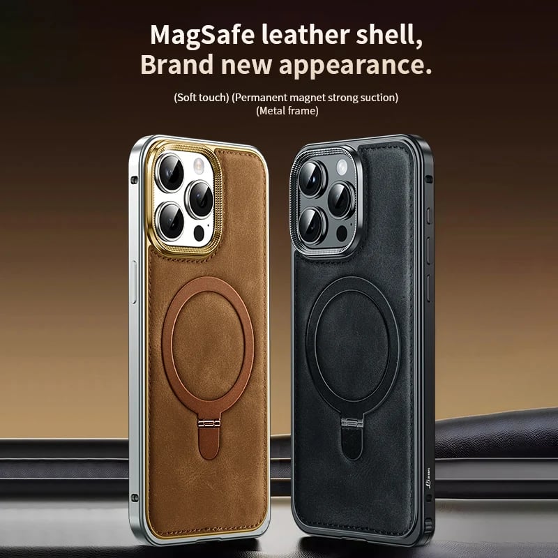 Genuine Leather Spring Buckle Case with Stand for iPhone 16/15/14 Pro Max – MagSafe Compatible, Metal Frame Protection