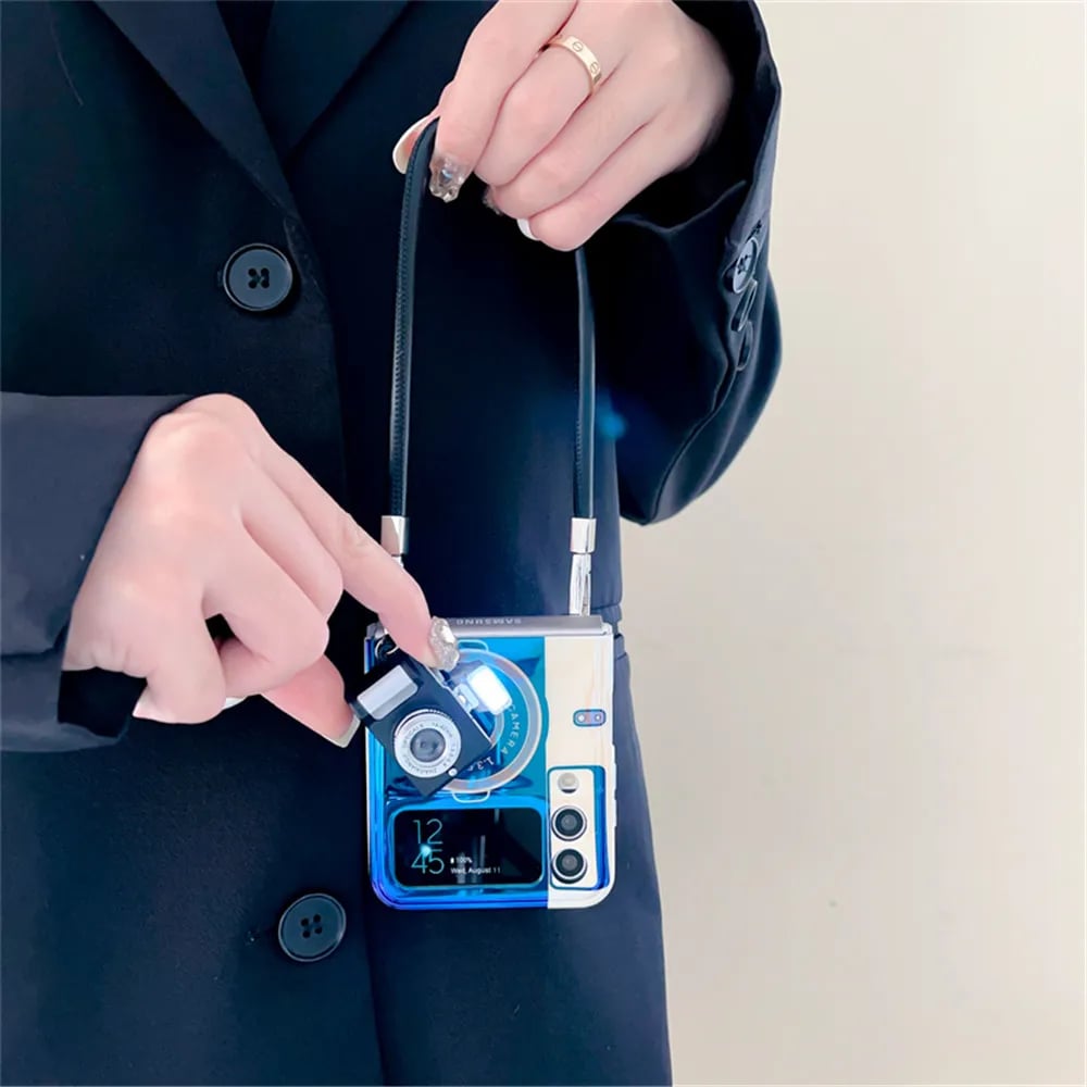 Blue light retro camera phone case, suitable for Galaxy Z Flip 3/Galaxy Z Flip 4/Galaxy Z Flip 5/Galaxy Z Flip 6