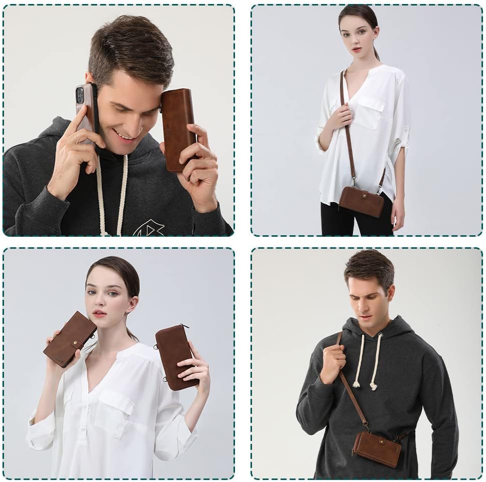 TwoHead for iPhone Wallet Case, Multi-Function Detachable 3 in 1 Magnetic Phone Case Wallet, Flip Strap Zipper Card Holder Phone Case with Shoulder Straps for iPhone