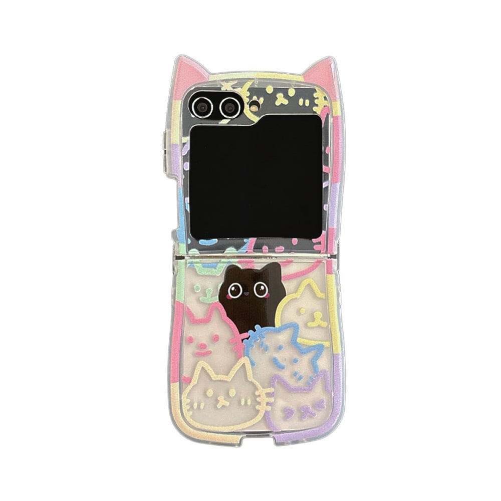 Cute 3D Cat Ear Graffiti Cat Phone Case, Suitable for Galaxy Z Flip 3/Galaxy Z Flip 4/Galaxy Z Flip 5/Galaxy Z Flip 6