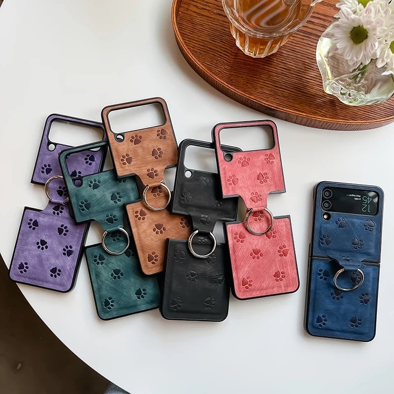 Personalized leather texture cute cat paw pattern mobile phone case with finger ring buckle for Galaxy Z Flip 3/Galaxy Z Flip 4/Galaxy Z Flip 5/Galaxy Z Flip 6