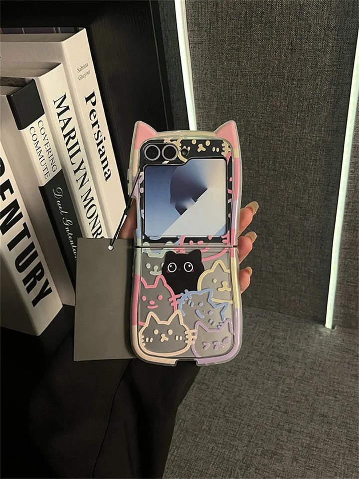 Cute 3D Cat Ear Graffiti Cat Phone Case, Suitable for Galaxy Z Flip 3/Galaxy Z Flip 4/Galaxy Z Flip 5/Galaxy Z Flip 6