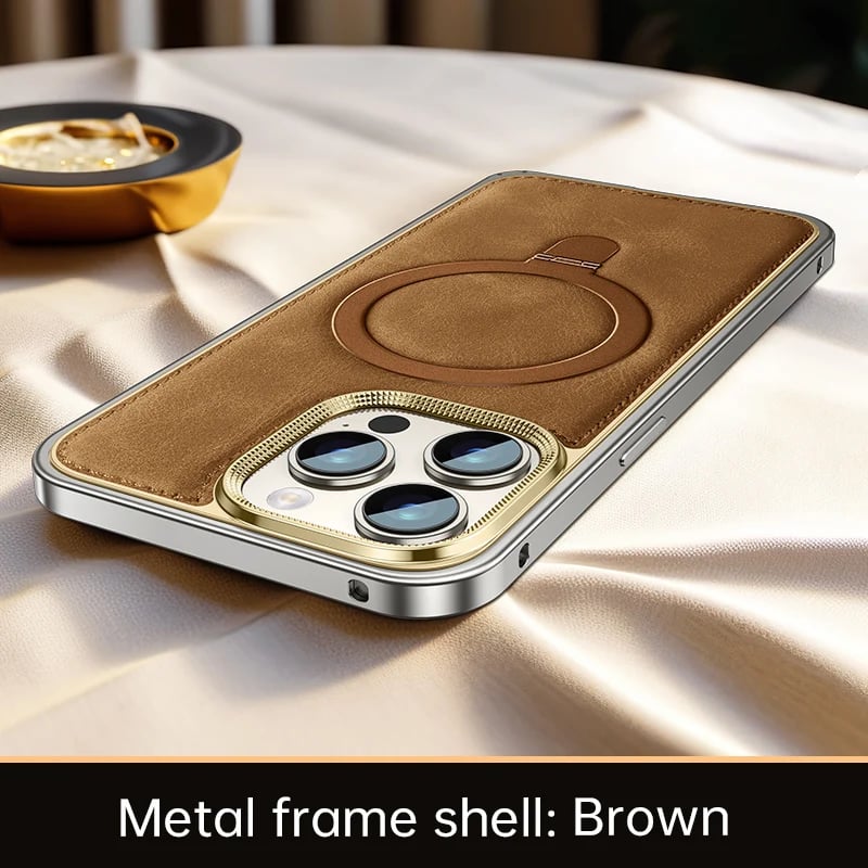Genuine Leather Spring Buckle Case with Stand for iPhone 16/15/14 Pro Max – MagSafe Compatible, Metal Frame Protection