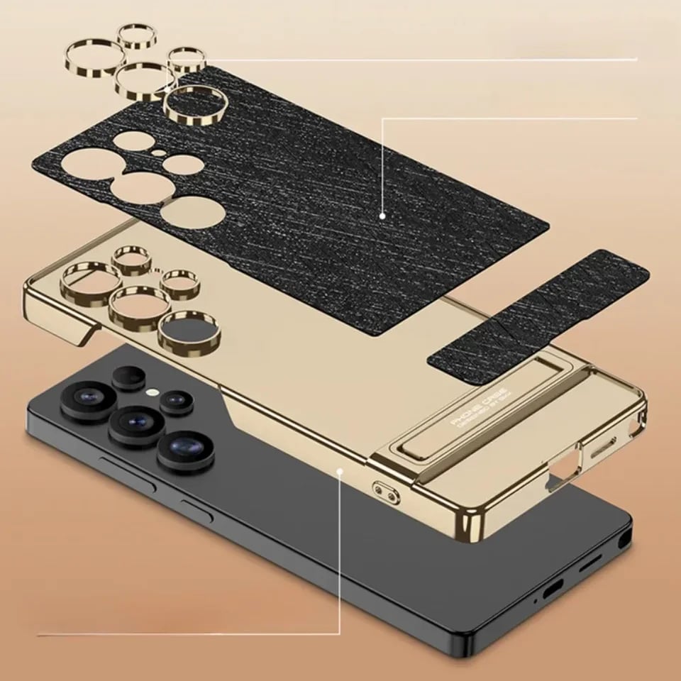 Electroplated Stand For Samsung Galaxy S25 S24 S23 Ultra Gold Wire Silver Brocade Leather Anti-Fall Protective Case(Only Case)