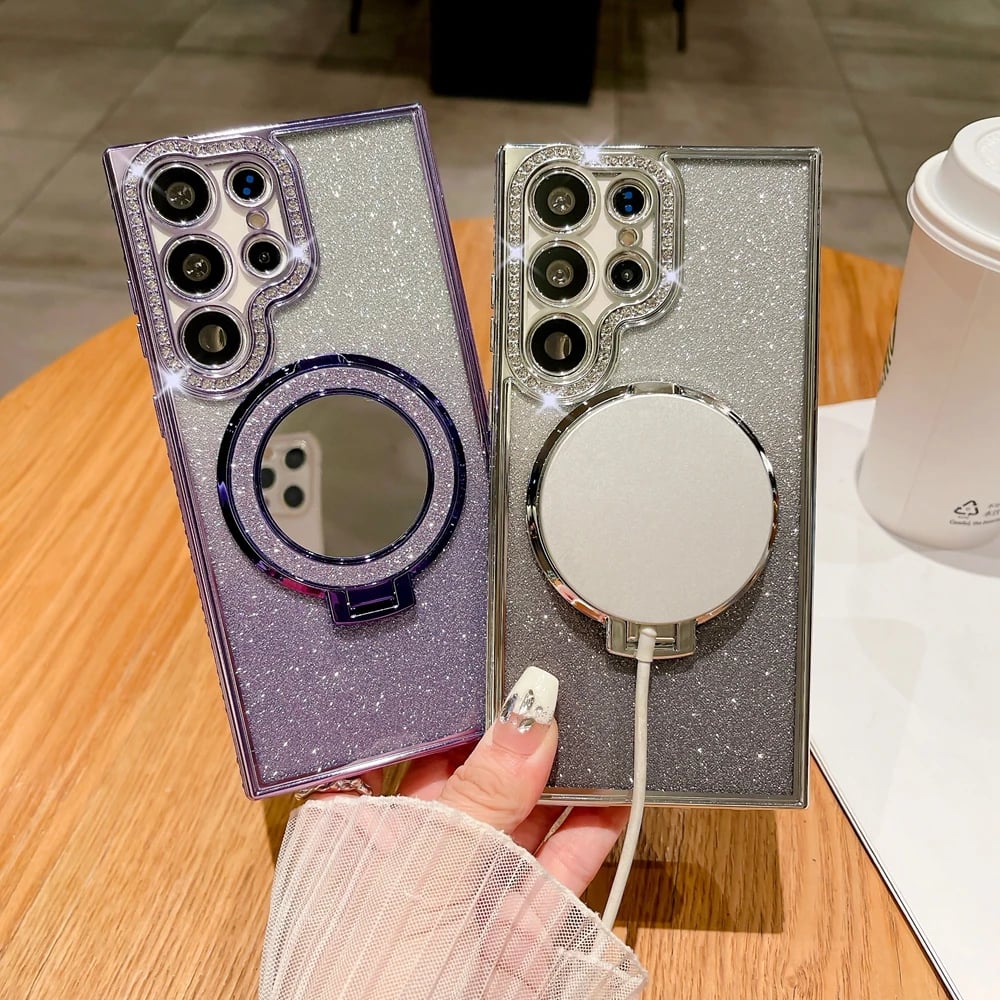 Luxury Glitter Mirror Magnetic Ring Holder Case For Samsung Galaxy S25 S24 S23 S22 Plus Ultra