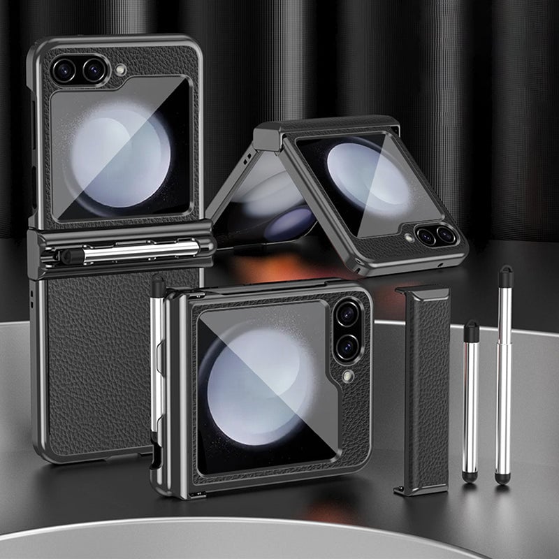 Galaxy Z Flip 3/Galaxy Z Flip 4/Galaxy Z Flip 5/Galaxy Z Flip 6 | Electroplated Leather Pen Tray Hinged Phone Case(Bring Pen)