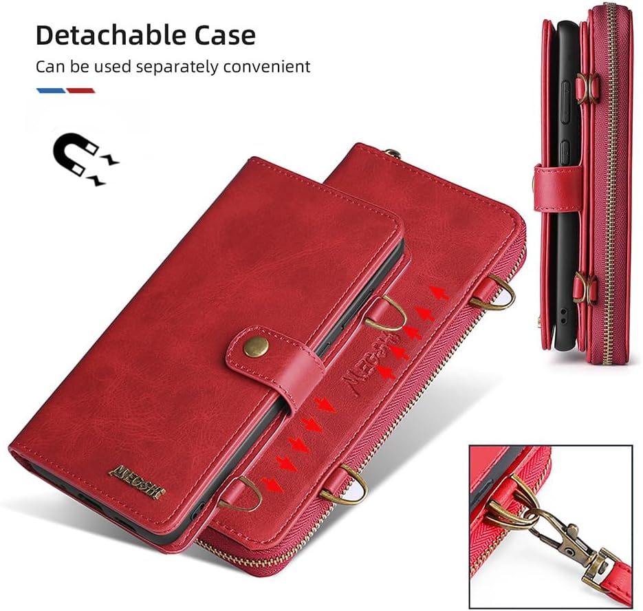 TwoHead for iPhone Wallet Case, Multi-Function Detachable 3 in 1 Magnetic Phone Case Wallet, Flip Strap Zipper Card Holder Phone Case with Shoulder Straps for iPhone