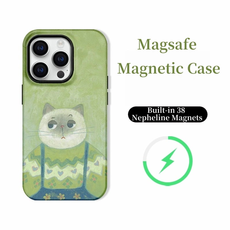 Cute Cat Illustration MagSafe Case for iPhone 16–12 – 38 Magnets, Magnetic Ring Optional, Dual Protection Styles