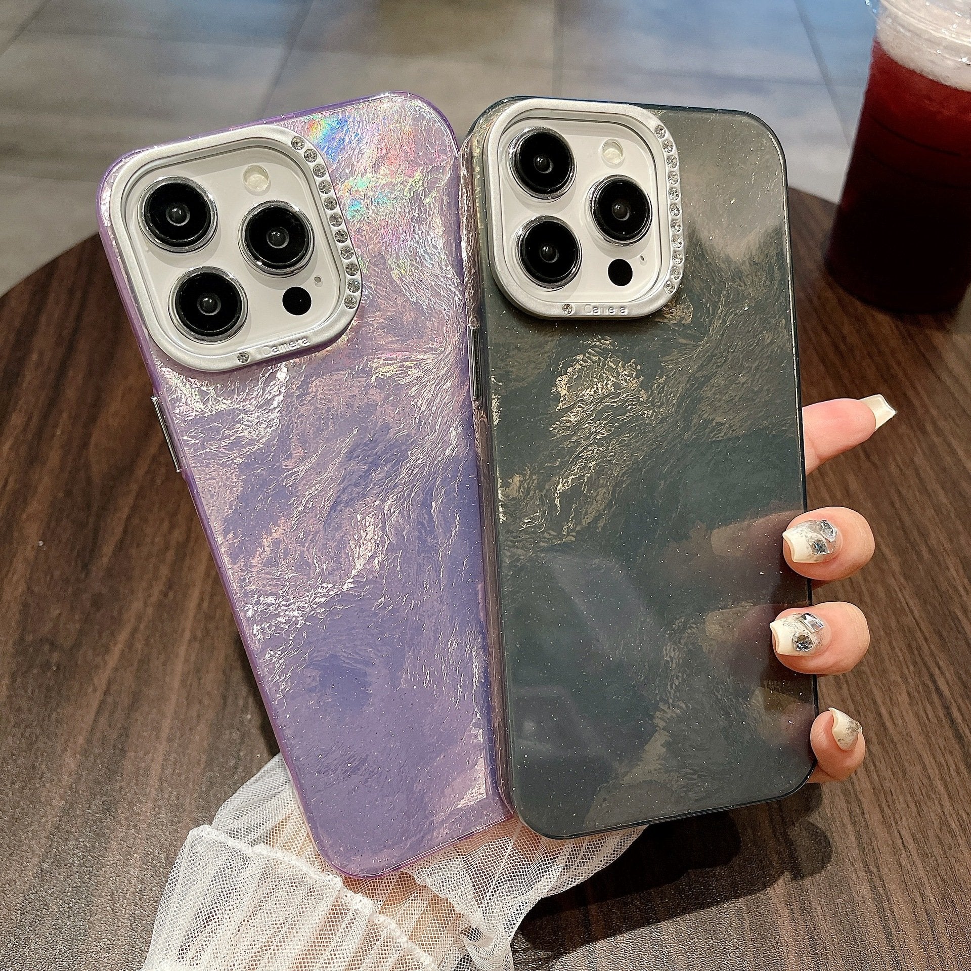 Rhinestone Mirror Frame Foil Texture Protective Case Compatible With iPhone 11/12/13/14/15/16 series