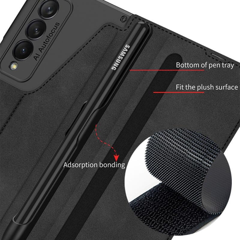 Leather Pen Holder Armor Back Case For Galaxy Z Fold 3/Galaxy Z Fold 4/Galaxy Z Fold 5/Galaxy Z Fold 6