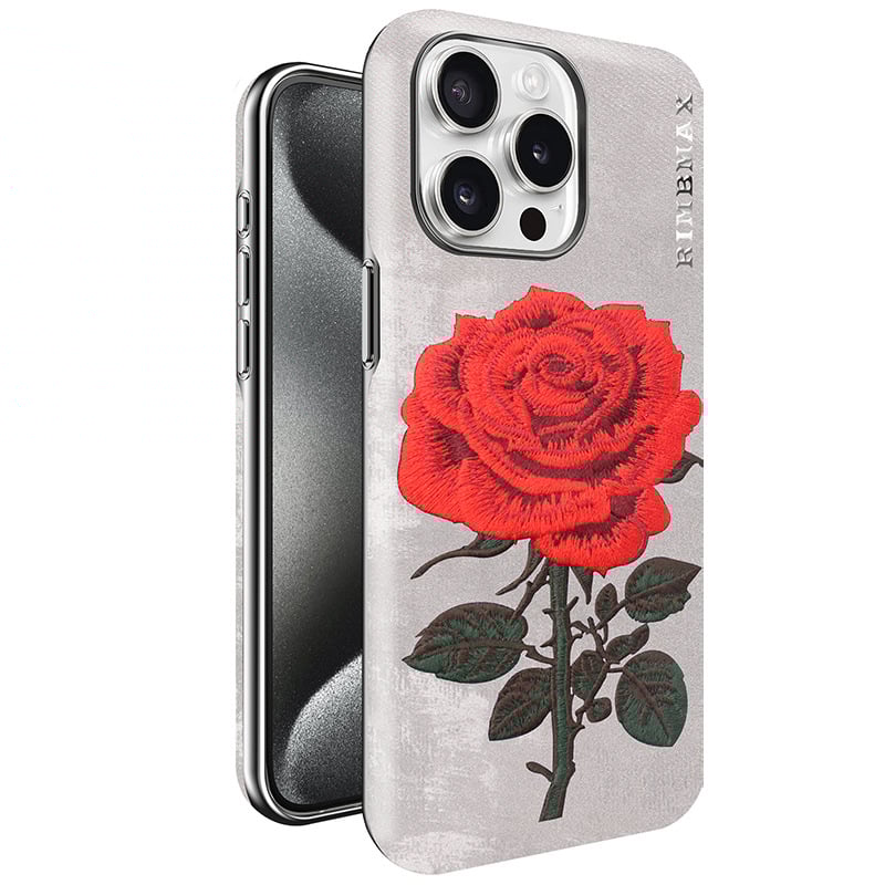 For iPhone Embroidery Phone Case Electroplated Rose Embroidery Leather Case