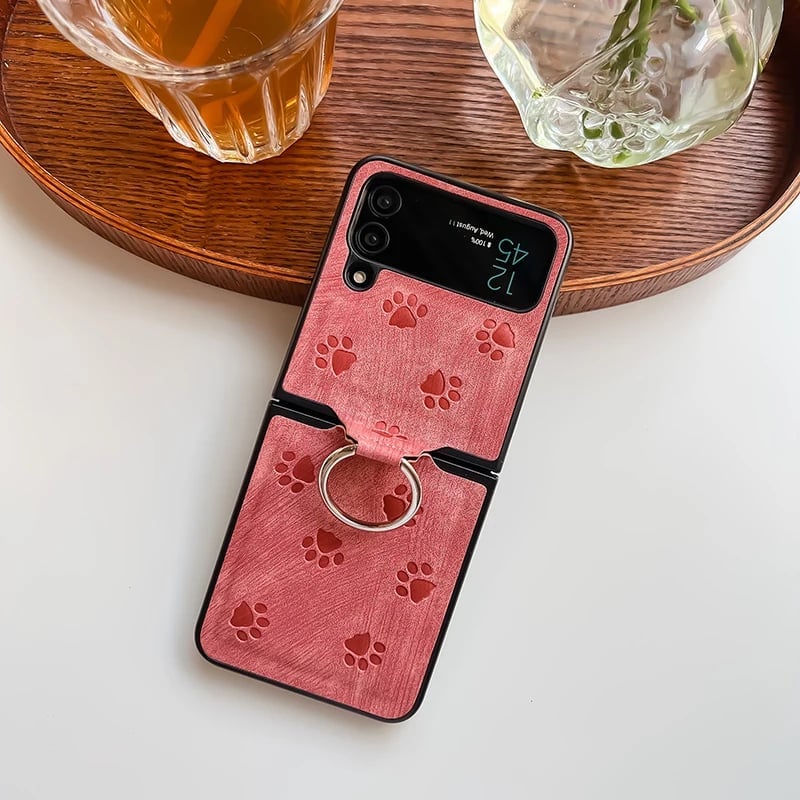 Personalized leather texture cute cat paw pattern mobile phone case with finger ring buckle for Galaxy Z Flip 3/Galaxy Z Flip 4/Galaxy Z Flip 5/Galaxy Z Flip 6