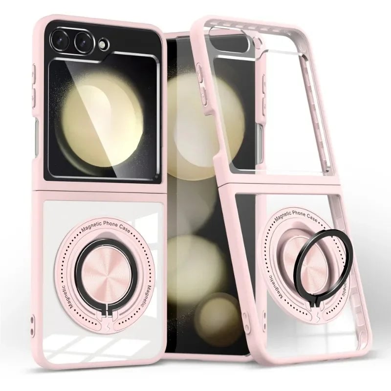 Transparent phone case with 360° rotating ring stand and magnetic wireless charging support for Galaxy Z Flip 5 and Galaxy Z Flip 6