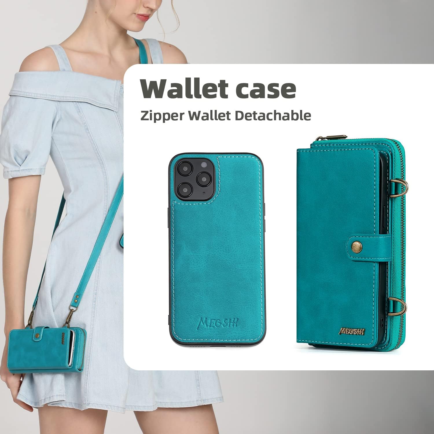 TwoHead for iPhone Wallet Case, Multi-Function Detachable 3 in 1 Magnetic Phone Case Wallet, Flip Strap Zipper Card Holder Phone Case with Shoulder Straps for iPhone