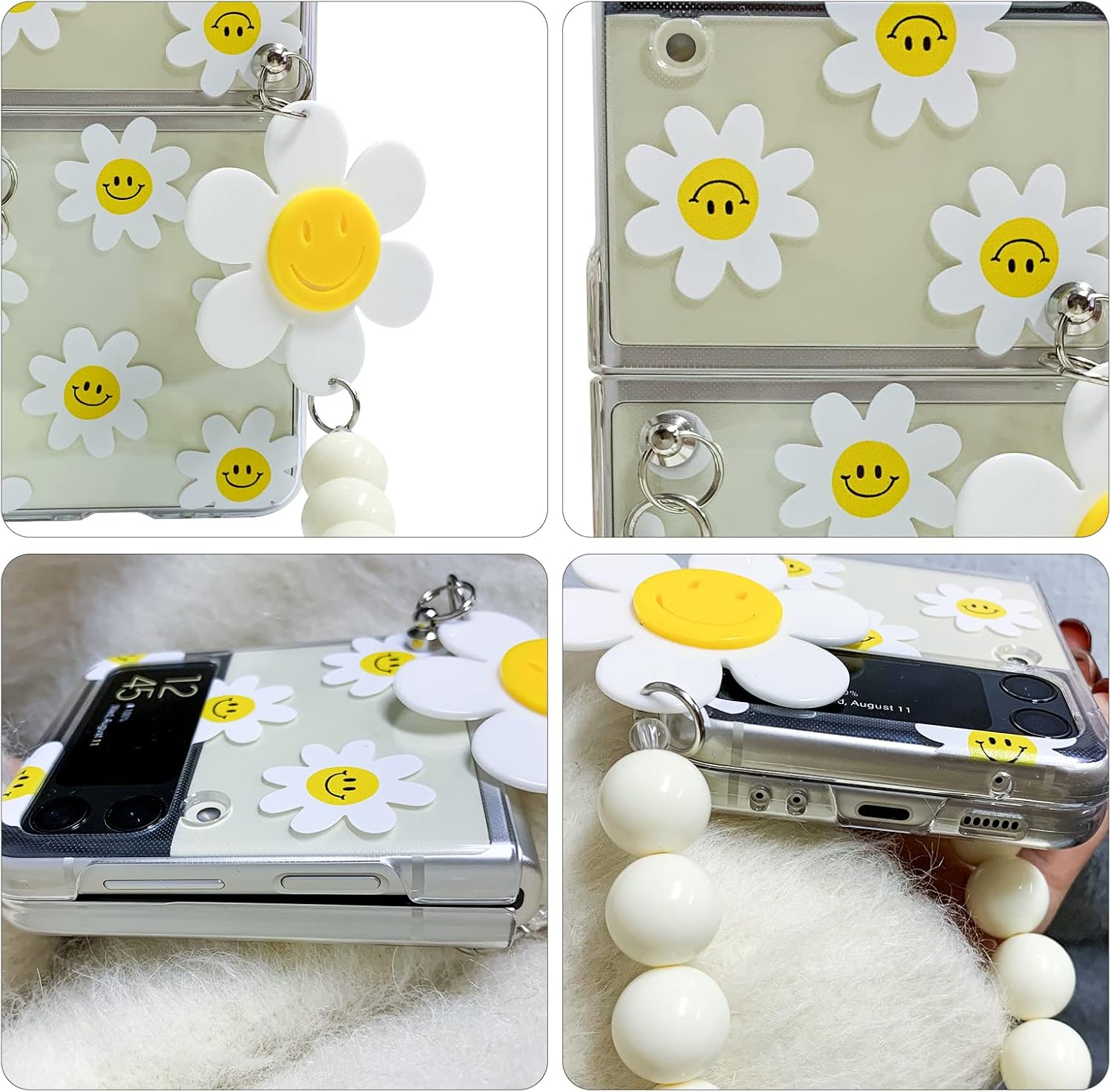 Cute Sunflower Clear Phone Case with Wrist Strap for Galaxy Z Flip 3/4/5/6 | Hard PC Anti-Scratch Protective Cover