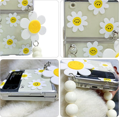 Cute Sunflower Clear Phone Case with Wrist Strap for Galaxy Z Flip 3/4/5/6 | Hard PC Anti-Scratch Protective Cover