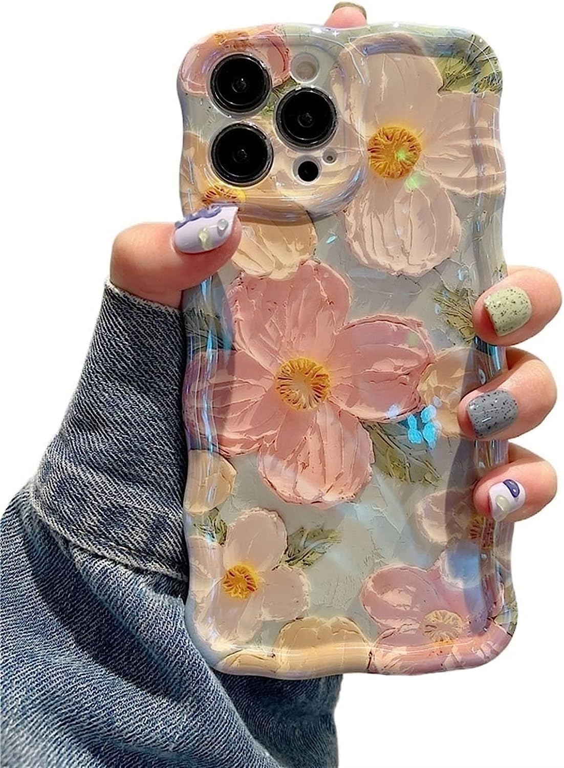 Colorful Retro Oil Painting Printed Flower Laser Glossy Pattern Cute Curly Waves Border Exquisite Phone Cover Case for iPhone