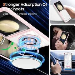 Transparent phone case with 360° rotating ring stand and magnetic wireless charging support for Galaxy Z Flip 5 and Galaxy Z Flip 6