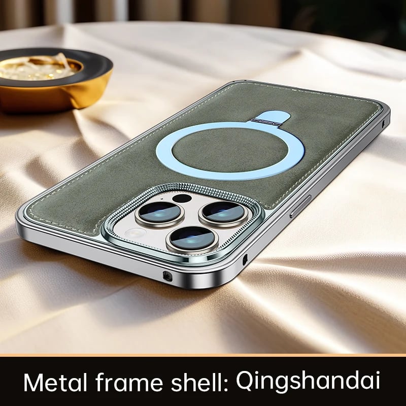 Genuine Leather Spring Buckle Case with Stand for iPhone 16/15/14 Pro Max – MagSafe Compatible, Metal Frame Protection