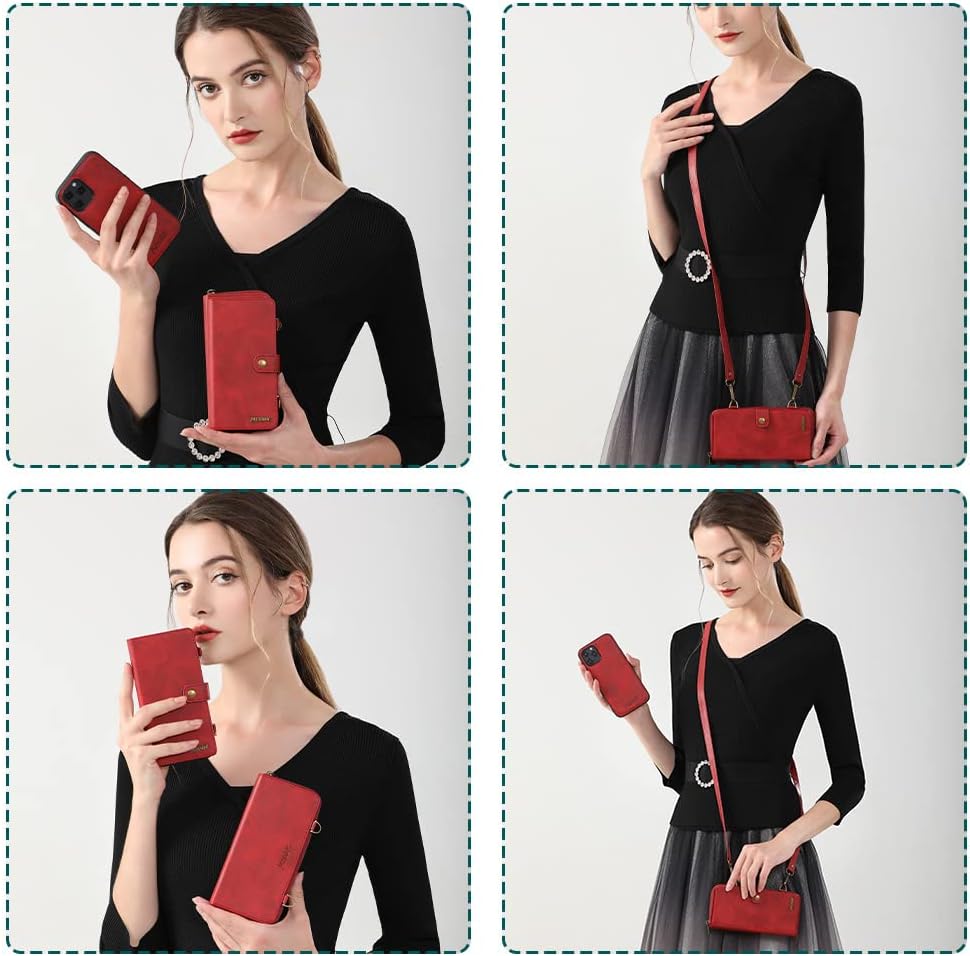 TwoHead for iPhone Wallet Case, Multi-Function Detachable 3 in 1 Magnetic Phone Case Wallet, Flip Strap Zipper Card Holder Phone Case with Shoulder Straps for iPhone