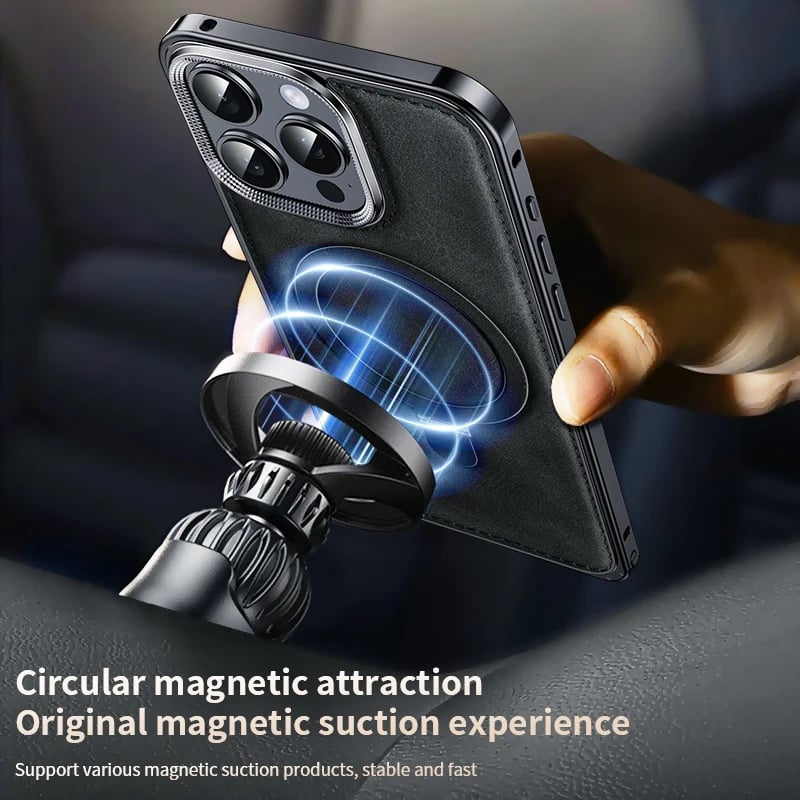 Genuine Leather Spring Buckle Case with Stand for iPhone 16/15/14 Pro Max – MagSafe Compatible, Metal Frame Protection