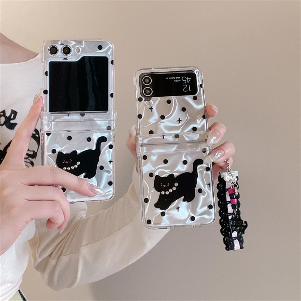 Simple cartoon polka dot black cat hard shell mobile phone case, suitable for Galaxy Z Flip 3/Galaxy Z Flip 4/Galaxy Z Flip 5/Galaxy Z Flip 6