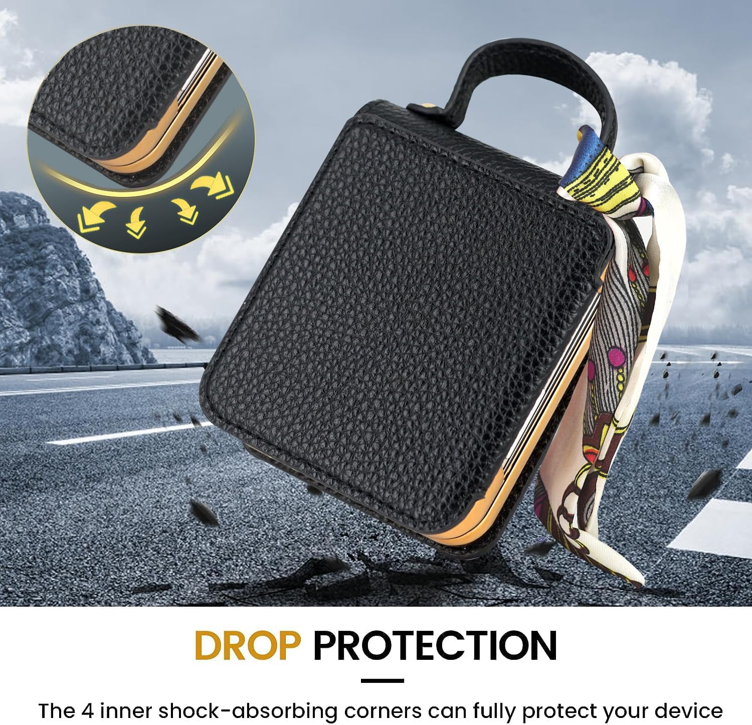 Mobile phone case for Galaxy Z Flip 3 / Galaxy Z Flip 4 / Galaxy Z Flip 5 / Galaxy Z Flip 6, mobile phone leather case with mirror and scarf