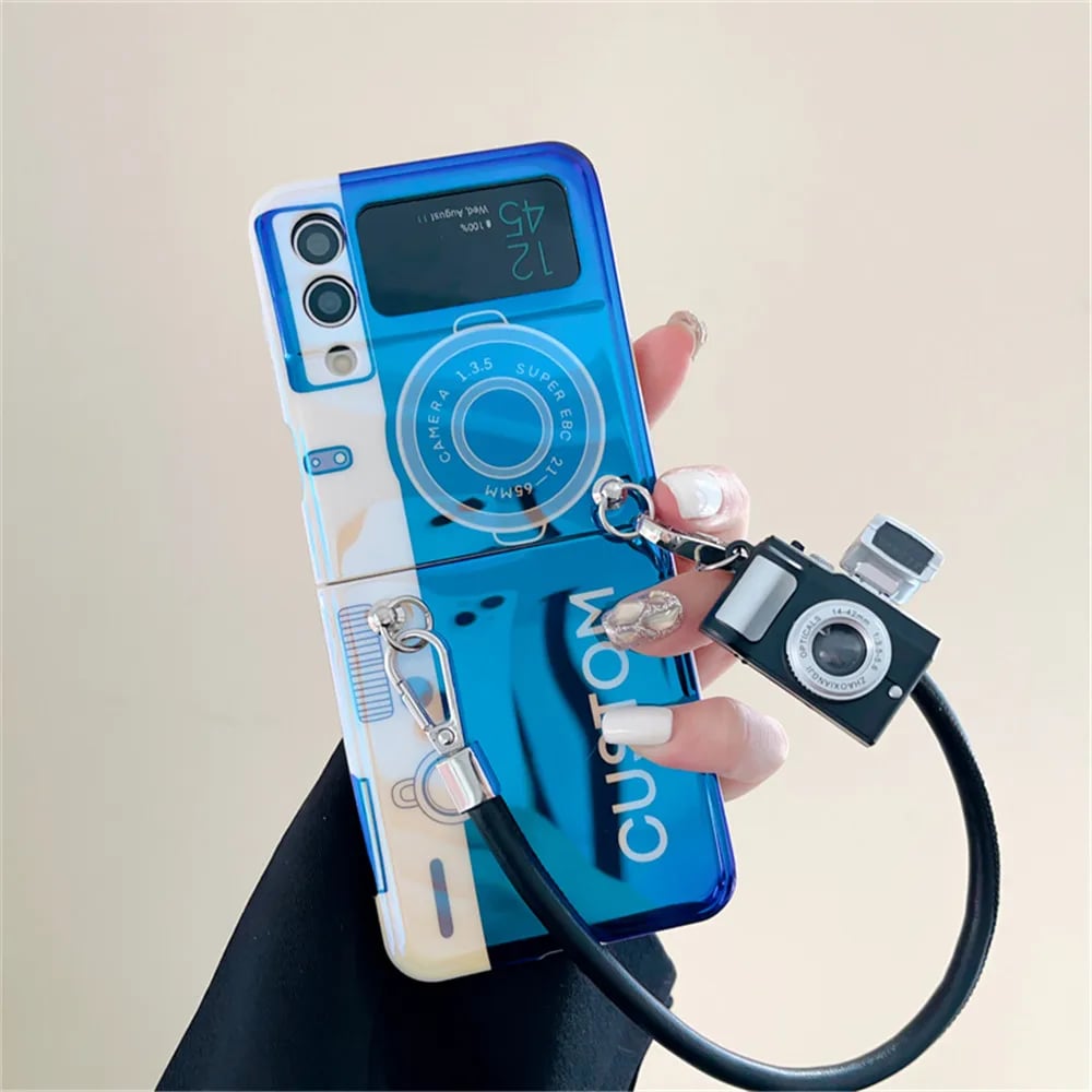 Blue light retro camera phone case, suitable for Galaxy Z Flip 3/Galaxy Z Flip 4/Galaxy Z Flip 5/Galaxy Z Flip 6