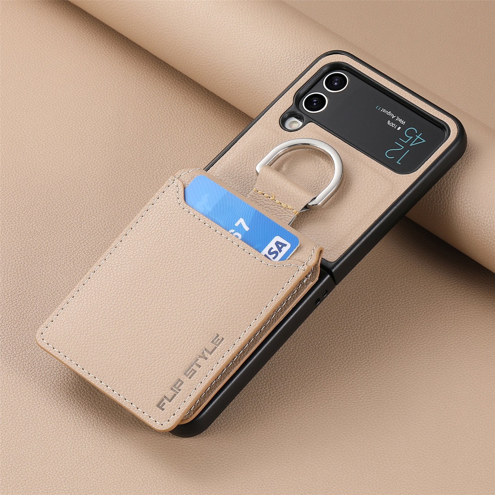 SentimentvalueTM Leather Case with Card Holder and Metal Ring for Galaxy Z Flip 3/Galaxy Z Flip 4/Galaxy Z Flip 5/Galaxy Z Flip 6