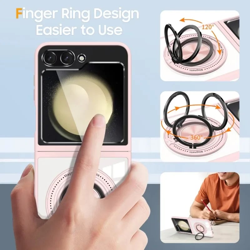 Transparent phone case with 360° rotating ring stand and magnetic wireless charging support for Galaxy Z Flip 5 and Galaxy Z Flip 6