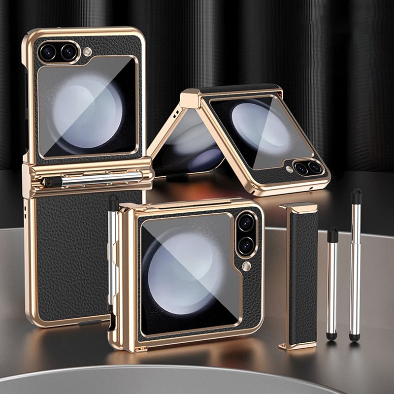 Galaxy Z Flip 3/Galaxy Z Flip 4/Galaxy Z Flip 5/Galaxy Z Flip 6 | Electroplated Leather Pen Tray Hinged Phone Case(Bring Pen)