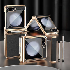 Galaxy Z Flip 3/Galaxy Z Flip 4/Galaxy Z Flip 5/Galaxy Z Flip 6 | Electroplated Leather Pen Tray Hinged Phone Case(Bring Pen)