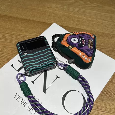 Funny Purple Cat Phone Case With Hand Strap And Big-Eyed Beast Green Wallet, Suitable For Galaxy Z Flip 3/Galaxy Z Flip 4/Galaxy Z Flip 5/Galaxy Z Flip 6