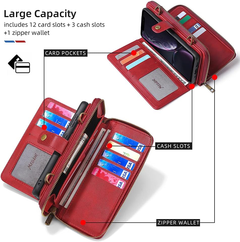 TwoHead for iPhone Wallet Case, Multi-Function Detachable 3 in 1 Magnetic Phone Case Wallet, Flip Strap Zipper Card Holder Phone Case with Shoulder Straps for iPhone