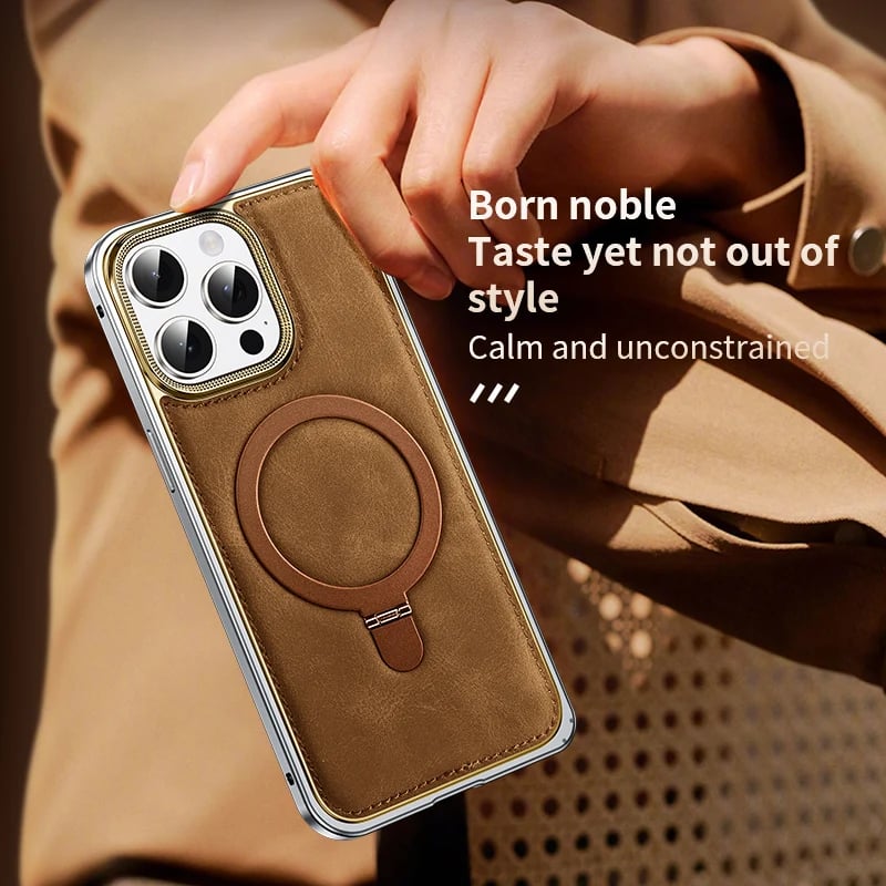Genuine Leather Spring Buckle Case with Stand for iPhone 16/15/14 Pro Max – MagSafe Compatible, Metal Frame Protection