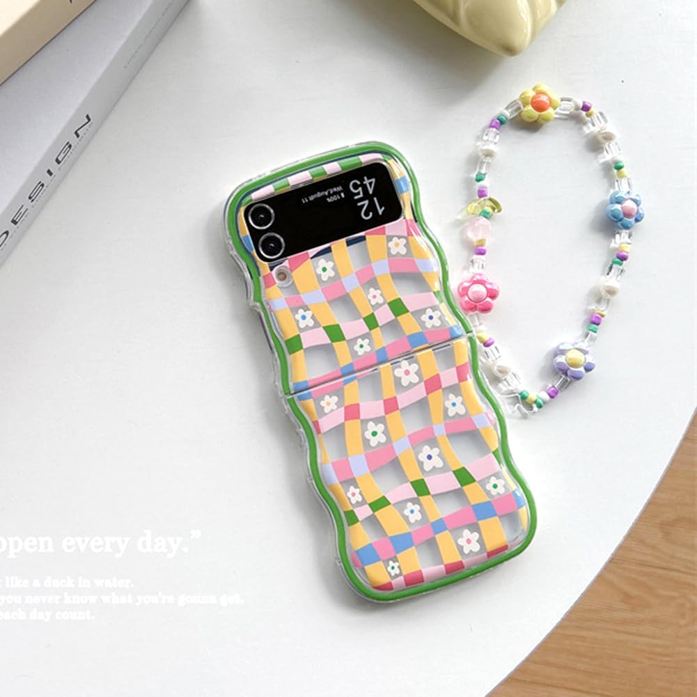 Cute Flower Case For Galaxy Z Flip 3/Galaxy Z Flip 4/Galaxy Z Flip 5/Galaxy Z Flip 6 – Checker and Daisy Print with Lovely Floral Beads Strap & Curly Wave Frame