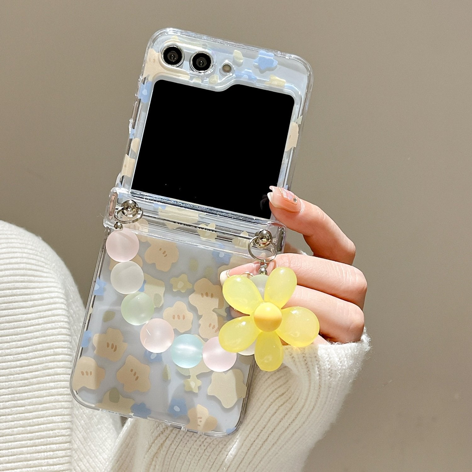 Pink and Yellow Flower Protective Case With Quicksand Stand For Galaxy Z Flip 3/Galaxy Z Flip 4/Galaxy Z Flip 5/Galaxy Z Flip 6