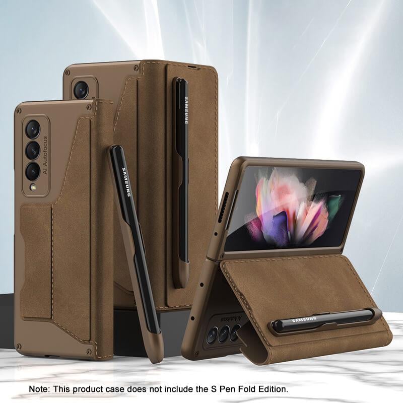 Leather Pen Holder Armor Back Case For Galaxy Z Fold 3/Galaxy Z Fold 4/Galaxy Z Fold 5/Galaxy Z Fold 6