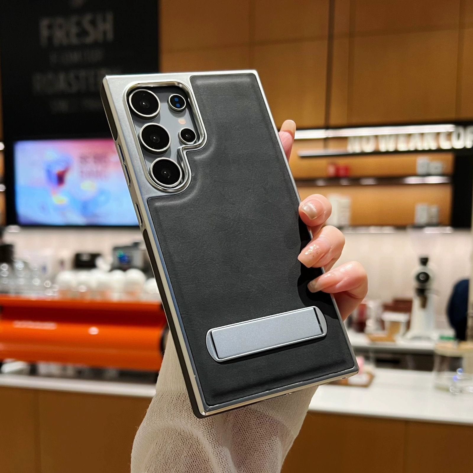 Luxury Leather Invisible Metal Bracket Holder Case For Samsung Galaxy S25 S24 S23 S22 Series