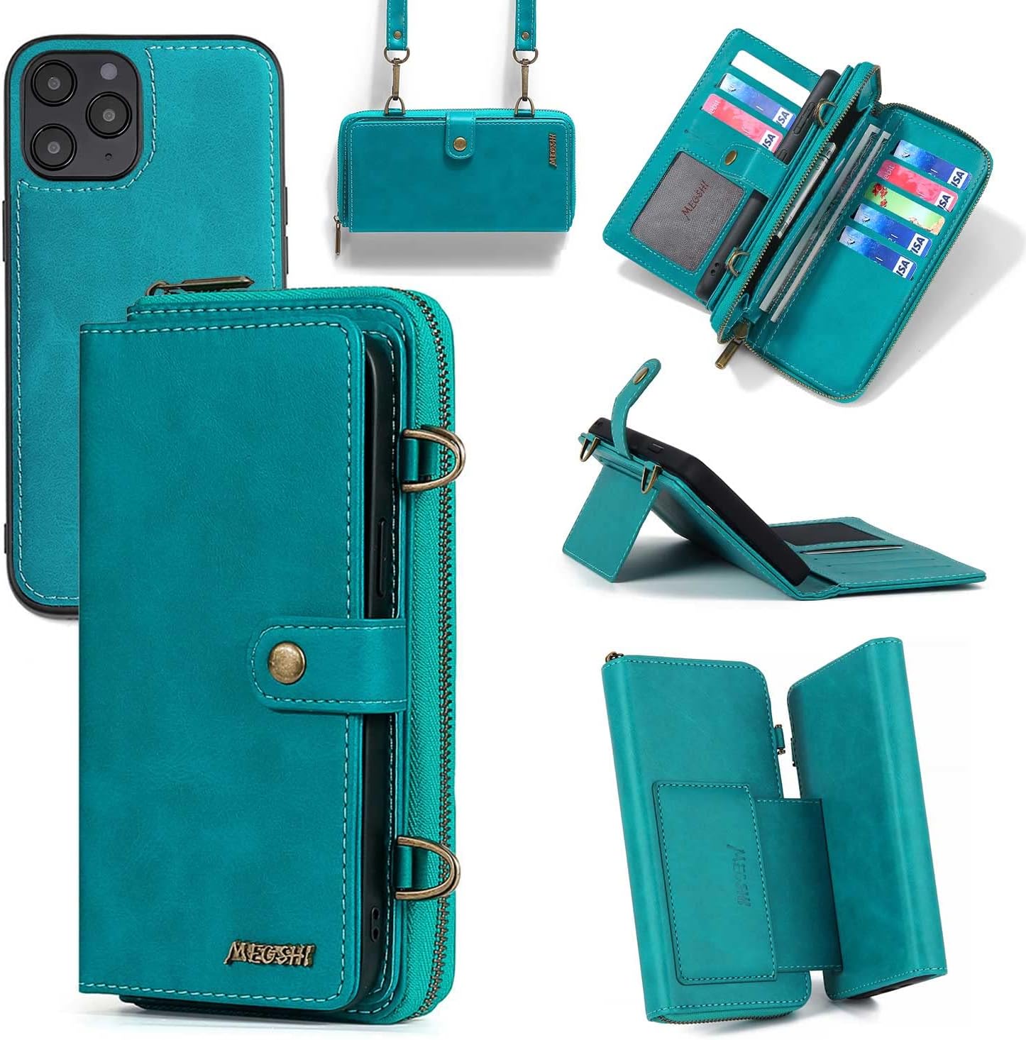 TwoHead for iPhone Wallet Case, Multi-Function Detachable 3 in 1 Magnetic Phone Case Wallet, Flip Strap Zipper Card Holder Phone Case with Shoulder Straps for iPhone